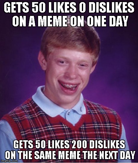 Bad Luck Brian Meme | GETS 50 LIKES 0 DISLIKES ON A MEME ON ONE DAY GETS 50 LIKES 200 DISLIKES ON THE SAME MEME THE NEXT DAY | image tagged in memes,bad luck brian | made w/ Imgflip meme maker