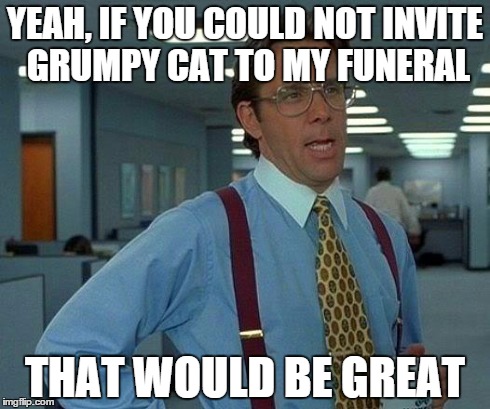 That Would Be Great Meme | YEAH, IF YOU COULD NOT INVITE GRUMPY CAT TO MY FUNERAL THAT WOULD BE GREAT | image tagged in memes,that would be great | made w/ Imgflip meme maker