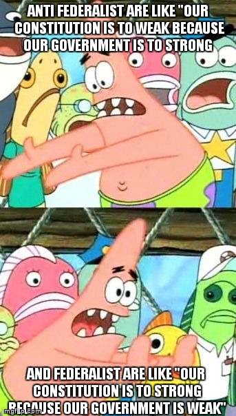 Put It Somewhere Else Patrick | ANTI FEDERALIST ARE LIKE "OUR CONSTITUTION IS TO WEAK BECAUSE OUR GOVERNMENT IS TO STRONG AND FEDERALIST ARE LIKE "OUR CONSTITUTION IS TO ST | image tagged in memes,put it somewhere else patrick | made w/ Imgflip meme maker