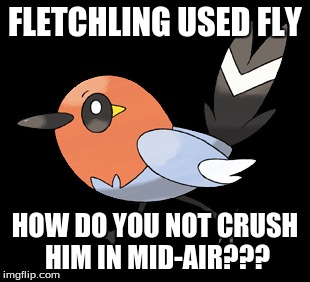 Pokemon Logic Fletchling Uses Fly | FLETCHLING USED FLY HOW DO YOU NOT CRUSH HIM IN MID-AIR??? | image tagged in pokemon,oras,x and y,pokemon x and y,pokemon oras,fletchling | made w/ Imgflip meme maker