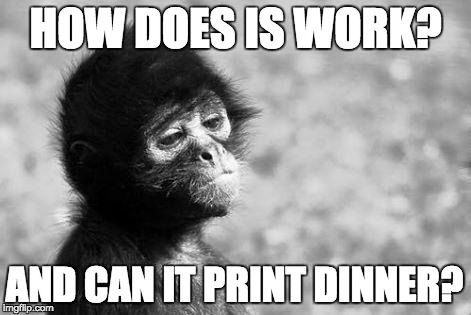 monkey dreaming | HOW DOES IS WORK? AND CAN IT PRINT DINNER? | image tagged in monkey dreaming | made w/ Imgflip meme maker