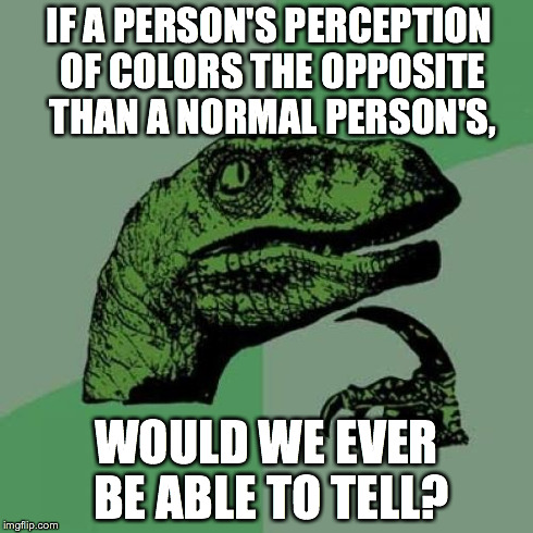 Philosoraptor | IF A PERSON'S PERCEPTION OF COLORS THE OPPOSITE THAN A NORMAL PERSON'S, WOULD WE EVER BE ABLE TO TELL? | image tagged in memes,philosoraptor | made w/ Imgflip meme maker