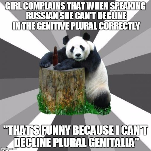 Pickup Line Panda Meme | GIRL COMPLAINS THAT WHEN SPEAKING RUSSIAN SHE CAN'T DECLINE IN THE GENITIVE PLURAL CORRECTLY "THAT'S FUNNY BECAUSE I CAN'T DECLINE PLURAL GE | image tagged in memes,pickup line panda,AdviceAnimals | made w/ Imgflip meme maker
