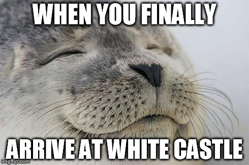 The movie wasn't great, but at least the food is. | WHEN YOU FINALLY ARRIVE AT WHITE CASTLE | image tagged in memes,satisfied seal,food,white castle,tiny sliders | made w/ Imgflip meme maker