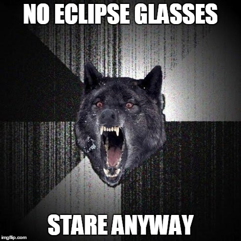 Insanity Wolf | NO ECLIPSE GLASSES STARE ANYWAY | image tagged in memes,insanity wolf | made w/ Imgflip meme maker