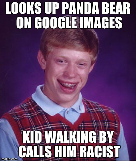 Bad Luck Brian | LOOKS UP PANDA BEAR ON GOOGLE IMAGES KID WALKING BY CALLS HIM RACIST | image tagged in memes,bad luck brian | made w/ Imgflip meme maker