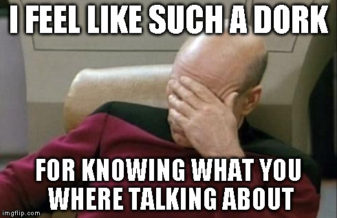 Captain Picard Facepalm Meme | I FEEL LIKE SUCH A DORK FOR KNOWING WHAT YOU WHERE TALKING ABOUT | image tagged in memes,captain picard facepalm | made w/ Imgflip meme maker