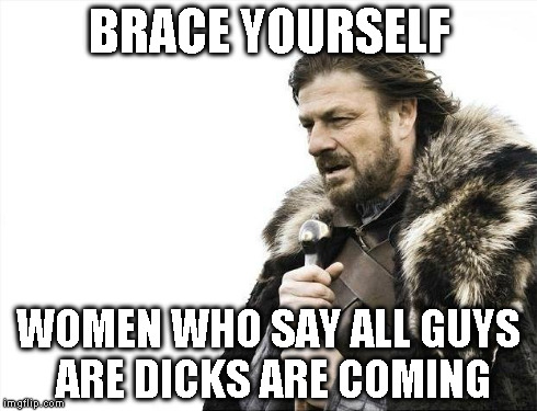 Brace Yourselves X is Coming Meme | BRACE YOURSELF WOMEN WHO SAY ALL GUYS ARE DICKS ARE COMING | image tagged in memes,brace yourselves x is coming | made w/ Imgflip meme maker