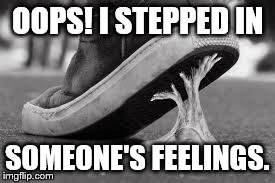 OOPS! I STEPPED IN SOMEONE'S FEELINGS. | image tagged in stepped in feelings | made w/ Imgflip meme maker