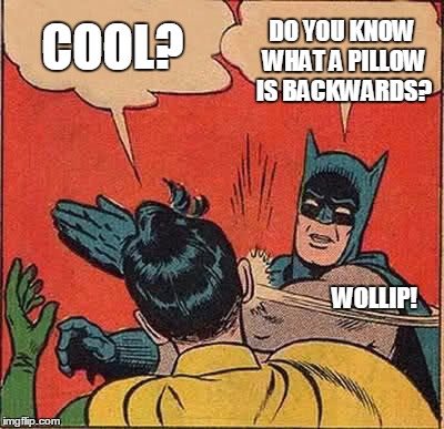 Batman Slapping Robin Meme | COOL? DO YOU KNOW WHAT A PILLOW IS BACKWARDS?                                                                                                | image tagged in memes,batman slapping robin | made w/ Imgflip meme maker