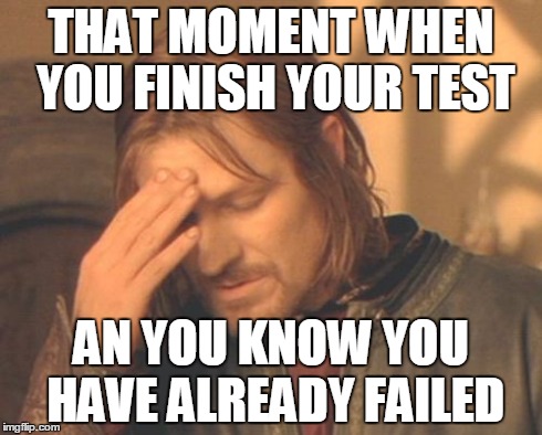 Frustrated Boromir Meme | THAT MOMENT WHEN YOU FINISH YOUR TEST AN YOU KNOW YOU HAVE ALREADY FAILED | image tagged in memes,frustrated boromir | made w/ Imgflip meme maker