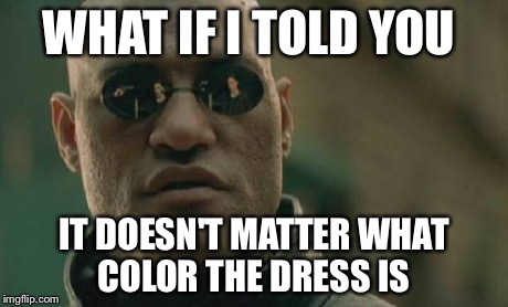 Matrix Morpheus Meme | WHAT IF I TOLD YOU IT DOESN'T MATTER WHAT COLOR THE DRESS IS | image tagged in memes,matrix morpheus | made w/ Imgflip meme maker