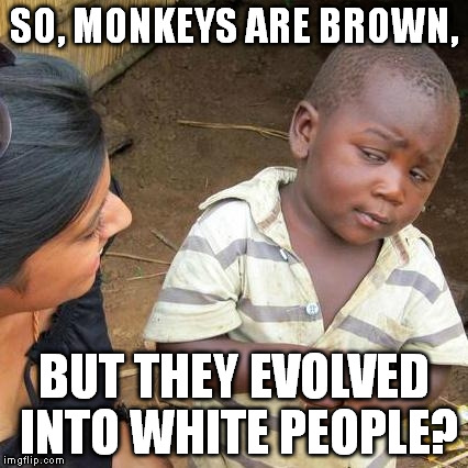 Third World Skeptical Kid Meme | SO, MONKEYS ARE BROWN, BUT THEY EVOLVED INTO WHITE PEOPLE? | image tagged in memes,third world skeptical kid | made w/ Imgflip meme maker