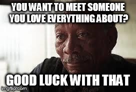 YOU WANT TO MEET SOMEONE YOU LOVE EVERYTHING ABOUT? GOOD LUCK WITH THAT | image tagged in morgan freeman good luck | made w/ Imgflip meme maker