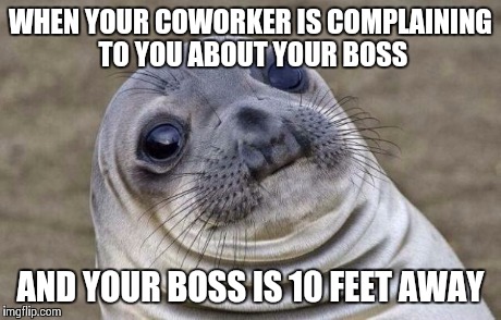 Awkward Moment Sealion Meme | WHEN YOUR COWORKER IS COMPLAINING TO YOU ABOUT YOUR BOSS AND YOUR BOSS IS 10 FEET AWAY | image tagged in memes,awkward moment sealion | made w/ Imgflip meme maker