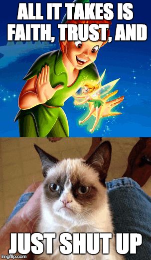Grumpy Cat Does Not Believe Meme | ALL IT TAKES IS FAITH, TRUST, AND JUST SHUT UP | image tagged in memes,grumpy cat does not believe | made w/ Imgflip meme maker