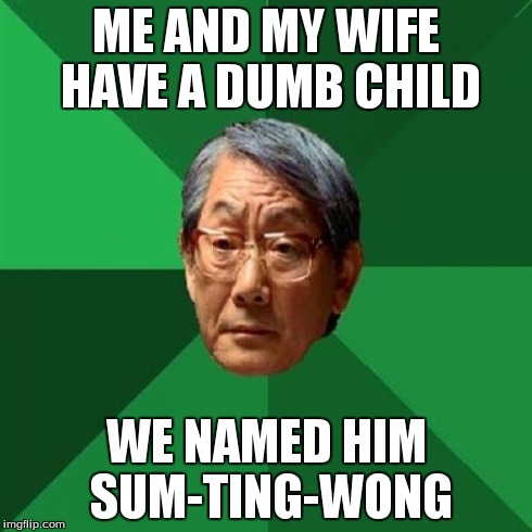 High Expectations Asian Father Meme | ME AND MY WIFE HAVE A DUMB CHILD WE NAMED HIM SUM-TING-WONG | image tagged in memes,high expectations asian father | made w/ Imgflip meme maker