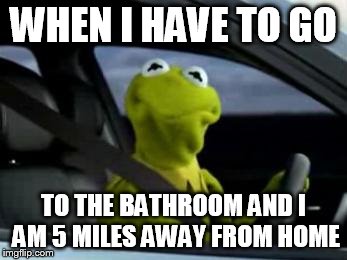 sad kermit | WHEN I HAVE TO GO TO THE BATHROOM AND I AM 5 MILES AWAY FROM HOME | image tagged in sad kermit | made w/ Imgflip meme maker