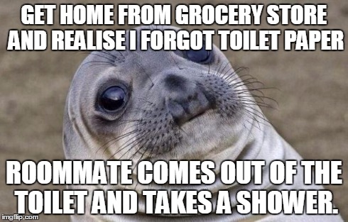 Awkward Moment Sealion | GET HOME FROM GROCERY STORE AND REALISE I FORGOT TOILET PAPER ROOMMATE COMES OUT OF THE TOILET AND TAKES A SHOWER. | image tagged in memes,awkward moment sealion | made w/ Imgflip meme maker
