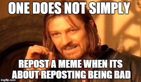 Why do people do this? Why? (sorry if repost). | ONE DOES NOT SIMPLY REPOST A MEME WHEN ITS ABOUT REPOSTING BEING BAD | image tagged in memes,one does not simply,wehatereposts,onedoesneversimply,antirepost | made w/ Imgflip meme maker