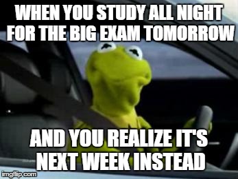 That face you make | WHEN YOU STUDY ALL NIGHT FOR THE BIG EXAM TOMORROW AND YOU REALIZE IT'S NEXT WEEK INSTEAD | image tagged in sad kermit | made w/ Imgflip meme maker