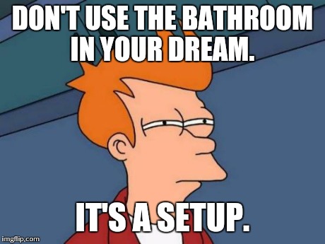 Futurama Fry | DON'T USE THE BATHROOM IN YOUR DREAM. IT'S A SETUP. | image tagged in memes,futurama fry | made w/ Imgflip meme maker