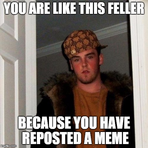 Scumbag Steve Meme | YOU ARE LIKE THIS FELLER BECAUSE YOU HAVE REPOSTED A MEME | image tagged in memes,scumbag steve | made w/ Imgflip meme maker