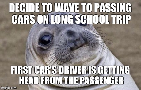 Awkward Moment Sealion Meme | DECIDE TO WAVE TO PASSING CARS ON LONG SCHOOL TRIP FIRST CAR'S DRIVER IS GETTING HEAD FROM THE PASSENGER | image tagged in memes,awkward moment sealion,AdviceAnimals | made w/ Imgflip meme maker