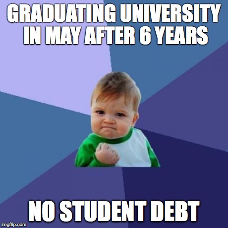 Success Kid Meme | GRADUATING UNIVERSITY IN MAY AFTER 6 YEARS NO STUDENT DEBT | image tagged in memes,success kid,AdviceAnimals | made w/ Imgflip meme maker