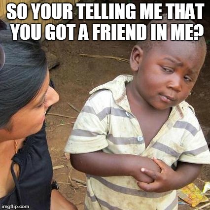 Third World Skeptical Kid Meme | SO YOUR TELLING ME THAT YOU GOT A FRIEND IN ME? | image tagged in memes,third world skeptical kid | made w/ Imgflip meme maker