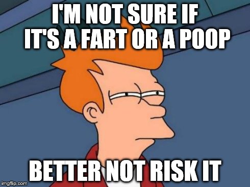 Futurama Fry | I'M NOT SURE IF IT'S A FART OR A POOP BETTER NOT RISK IT | image tagged in memes,futurama fry | made w/ Imgflip meme maker