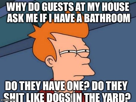 Futurama Fry | WHY DO GUESTS AT MY HOUSE ASK ME IF I HAVE A BATHROOM DO THEY HAVE ONE? DO THEY SHIT LIKE DOGS IN THE YARD? | image tagged in memes,futurama fry | made w/ Imgflip meme maker