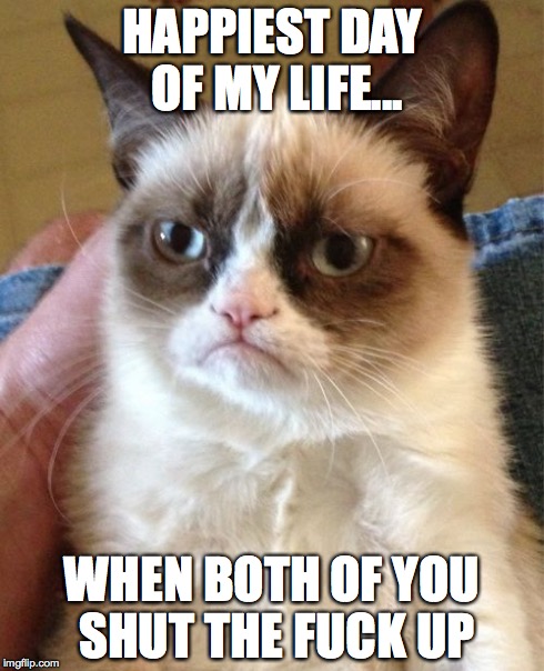 Grumpy Cat Meme | HAPPIEST DAY OF MY LIFE... WHEN BOTH OF YOU SHUT THE F**K UP | image tagged in memes,grumpy cat | made w/ Imgflip meme maker