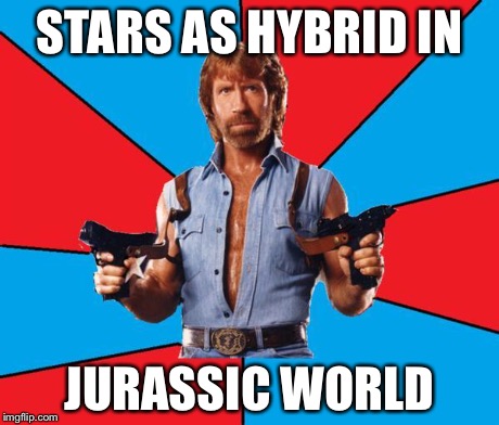 Chuck Norris With Guns | STARS AS HYBRID IN JURASSIC WORLD | image tagged in chuck norris | made w/ Imgflip meme maker