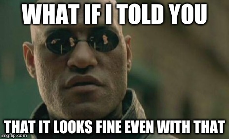 WHAT IF I TOLD YOU THAT IT LOOKS FINE EVEN WITH THAT | image tagged in memes,matrix morpheus | made w/ Imgflip meme maker