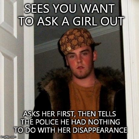 Scumbag Steve | SEES YOU WANT TO ASK A GIRL OUT ASKS HER FIRST, THEN TELLS THE POLICE HE HAD NOTHING TO DO WITH HER DISAPPEARANCE | image tagged in memes,scumbag steve | made w/ Imgflip meme maker