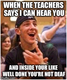 WHEN THE TEACHERS SAYS I CAN HEAR YOU AND INSIDE YOUR LIKE WELL DONE YOU'RE NOT DEAF | image tagged in school | made w/ Imgflip meme maker