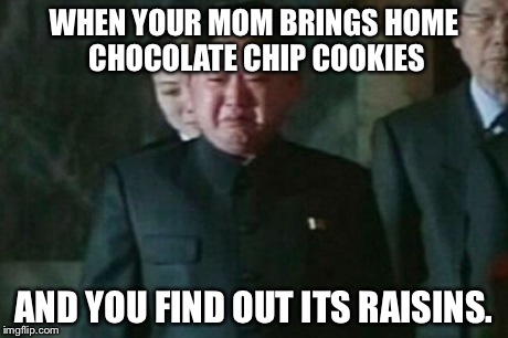 Kim Jong Un Sad | WHEN YOUR MOM BRINGS HOME CHOCOLATE CHIP COOKIES AND YOU FIND OUT ITS RAISINS. | image tagged in memes,kim jong un sad | made w/ Imgflip meme maker
