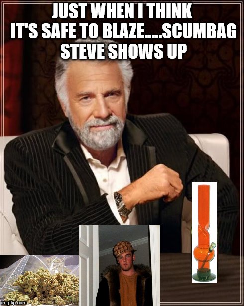 The Most Interesting Man In The World Meme | JUST WHEN I THINK IT'S SAFE TO BLAZE.....SCUMBAG STEVE SHOWS UP | image tagged in memes,the most interesting man in the world,scumbag | made w/ Imgflip meme maker