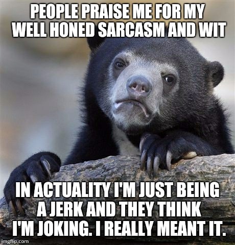 point lost in laughter | PEOPLE PRAISE ME FOR MY WELL HONED SARCASM AND WIT IN ACTUALITY I'M JUST BEING A JERK AND THEY THINK I'M JOKING. I REALLY MEANT IT. | image tagged in memes,confession bear | made w/ Imgflip meme maker
