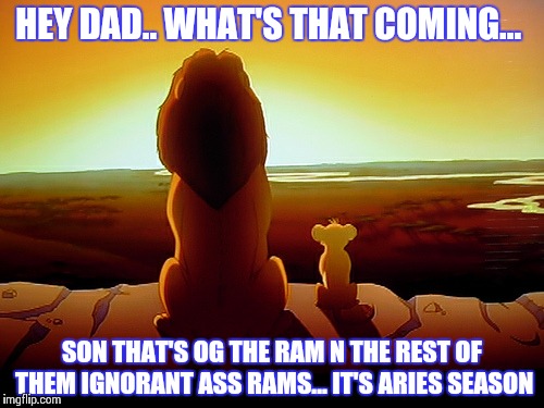 Lion King | HEY DAD.. WHAT'S THAT COMING... SON THAT'S OG THE RAM N THE REST OF THEM IGNORANT ASS RAMS... IT'S ARIES SEASON | image tagged in memes,lion king | made w/ Imgflip meme maker