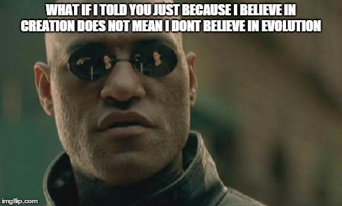 Matrix Morpheus Meme | WHAT IF I TOLD YOU JUST BECAUSE I BELIEVE IN CREATION DOES NOT MEAN I DONT BELIEVE IN EVOLUTION | image tagged in memes,matrix morpheus | made w/ Imgflip meme maker