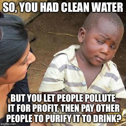 First world Water, WTF | SO, YOU HAD CLEAN WATER BUT YOU LET PEOPLE POLLUTE IT FOR PROFIT, THEN PAY OTHER PEOPLE TO PURIFY IT TO DRINK? | image tagged in memes,third world skeptical kid | made w/ Imgflip meme maker