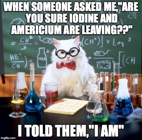 I C Wut U Did Dere | WHEN SOMEONE ASKED ME,"ARE YOU SURE IODINE AND AMERICIUM ARE LEAVING??" I TOLD THEM,"I AM" | image tagged in memes,chemistry cat | made w/ Imgflip meme maker