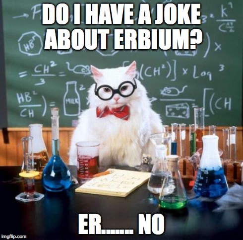 YOU JUST FREAKING MADE ONE!!!!!!!! | DO I HAVE A JOKE ABOUT ERBIUM? ER....... NO | image tagged in memes,chemistry cat | made w/ Imgflip meme maker