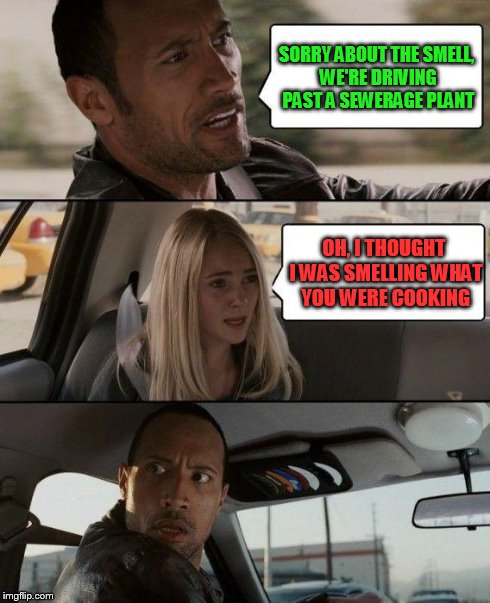 The Rock Driving | SORRY ABOUT THE SMELL, WE'RE DRIVING PAST A SEWERAGE PLANT OH, I THOUGHT I WAS SMELLING WHAT YOU WERE COOKING | image tagged in memes,the rock driving | made w/ Imgflip meme maker