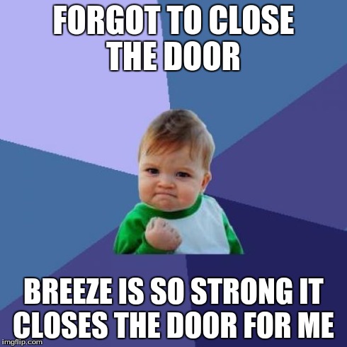 Success Kid Meme | FORGOT TO CLOSE THE DOOR BREEZE IS SO STRONG IT CLOSES THE DOOR FOR ME | image tagged in memes,success kid,doors,first world problems | made w/ Imgflip meme maker