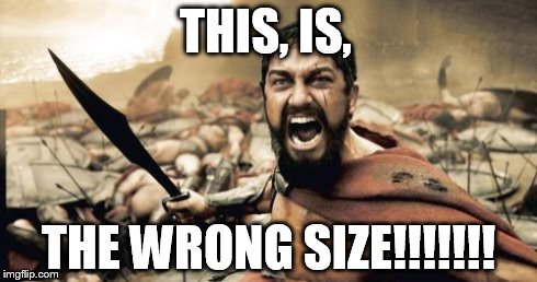 Sparta Leonidas | THIS, IS, THE WRONG SIZE!!!!!!! | image tagged in memes,sparta leonidas | made w/ Imgflip meme maker
