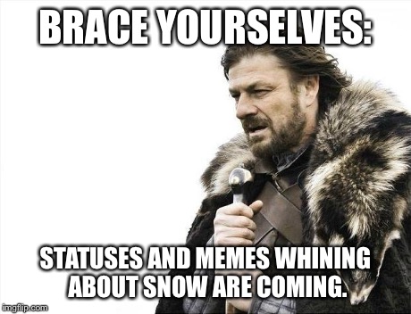 After Seeing 3 Statuses | BRACE YOURSELVES: STATUSES AND MEMES WHINING ABOUT SNOW ARE COMING. | image tagged in memes,brace yourselves x is coming,weather,winter | made w/ Imgflip meme maker