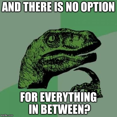 Philosoraptor Meme | AND THERE IS NO OPTION FOR EVERYTHING IN BETWEEN? | image tagged in memes,philosoraptor | made w/ Imgflip meme maker